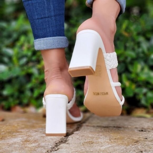 Women's White Braided Chunky Block Heel Slide Sandals - Picture 3 of 5